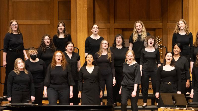 An all-female choir in performance.
