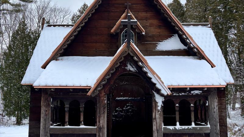 Boynton Chapel wrapped a gentle blanket of snow