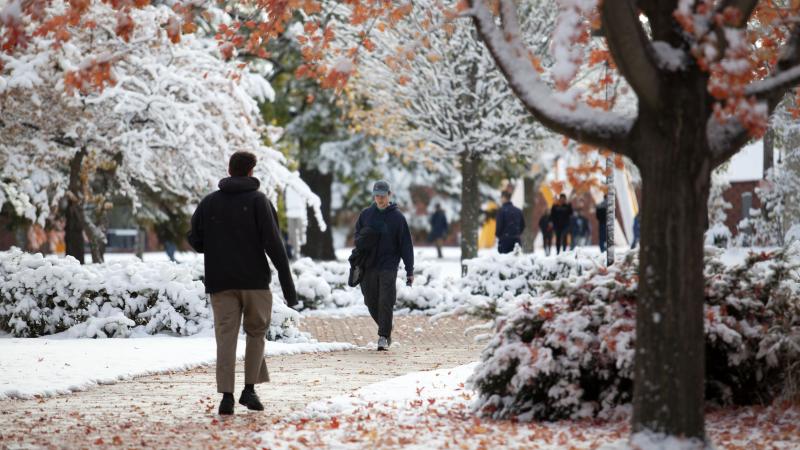 Students walking on campus at Lawrence University.