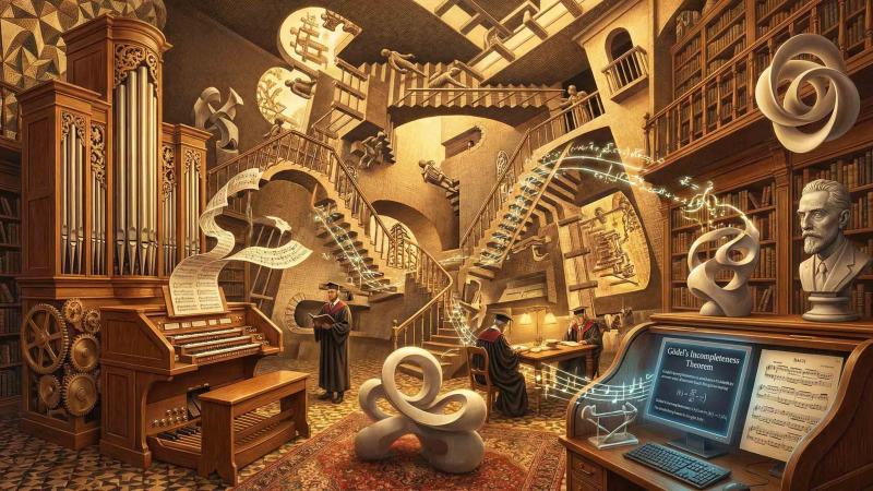 Escher like image with organ library and professors in commencement clothing