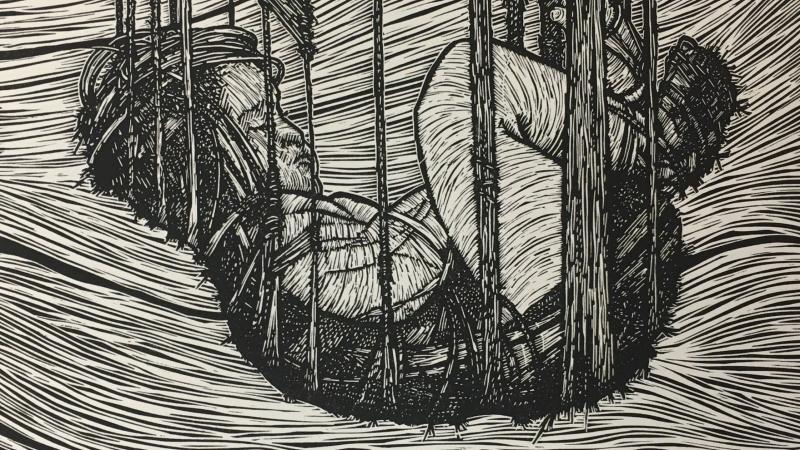 youth in hammock over landscape. Woodblock print.