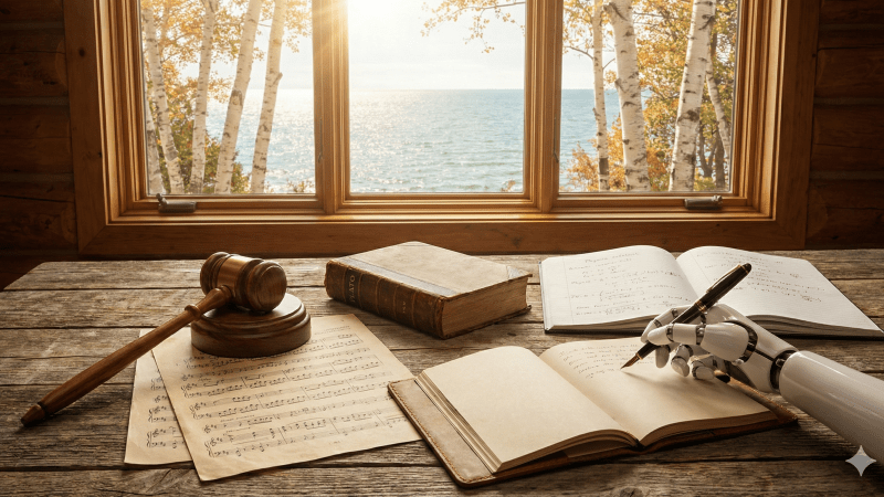 Desk at a window, lake scene outside, books on table, robot hand writing.