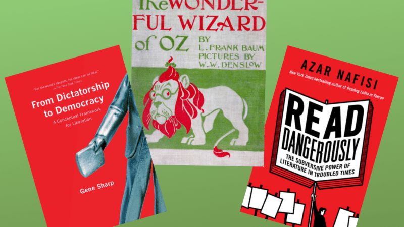 Book covers against green background