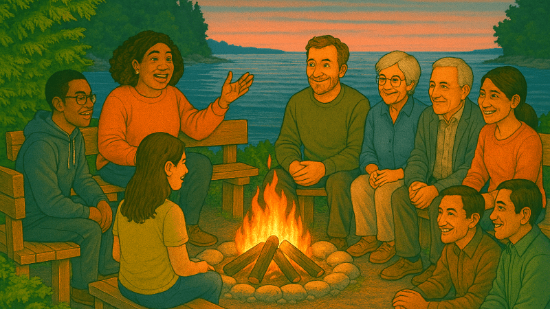 An illustration of a storyteller seated at a campfire at Björklunden telling a tale to a diverse group of engaged listeners