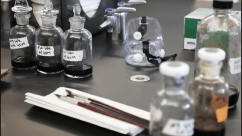 beakers and goggles alongside paint brushes