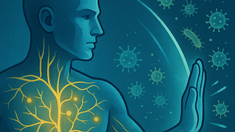 illustration of figure of a man protecting himself from pathogens and germs