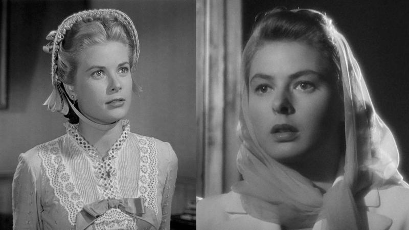 Two photos side by side: Grace Kelly in "High Noon" on the left and Ingrid Bergman in "Casablanca" on the right.