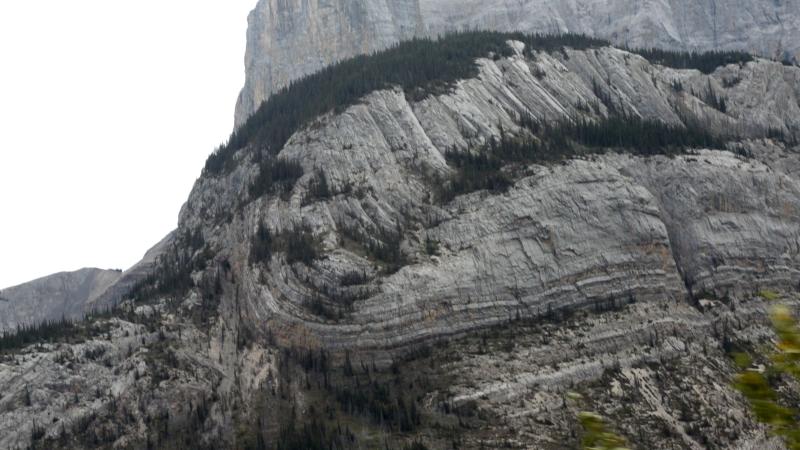 overturned folds in rock strata in Canadian Rockies