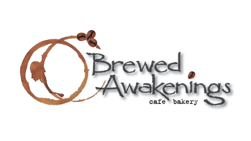 Logo for Brewed Awakenings cafe bakery with coffee-ring graphic and scattered coffee beans.