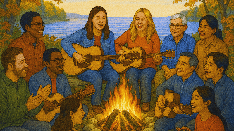 a diverse group of people sitting around a campfire in front of a lake singing and making music together