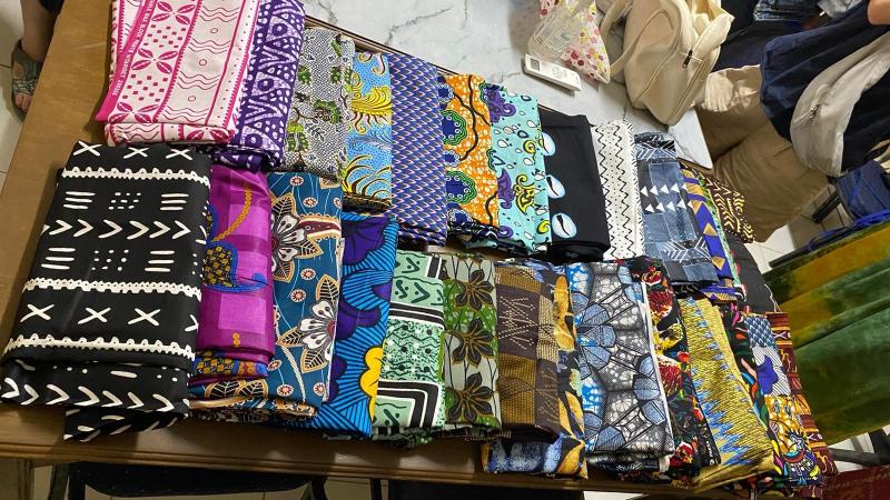Colorful wax and cotton print fabrics bought from Marché Fass in Dakar. (2025)