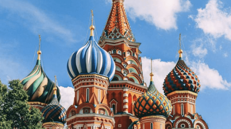 The colorful towers of St. Basil's Cathedral, located in Moscow, Russia.