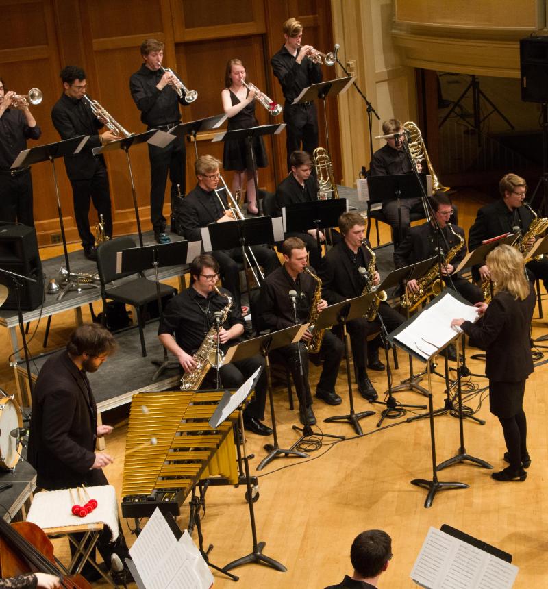 The Lawrence Jazz Ensemble performs on the stage of Memorial Chapel. 