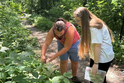 Laura Friestad shows Rylee Polanka how to collect jewelweed seeds.