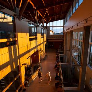 Interior of Warch Campus Center at sunset
