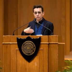 Masha Gessen, Russian-American journalist, author and activist, speaks on stage while giving the Convocation Address "The Parallel Polis" part of the 2019-20 Convocation Series