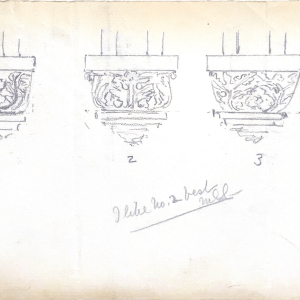 pencil drawing of three carved wood capitals.