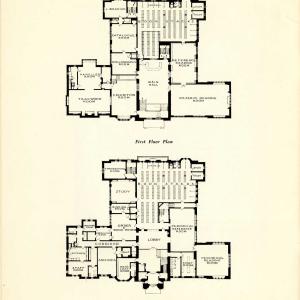 Architectural drawing of a library floor plan showing two levels with labeled rooms, book stacks, reading rooms, study spaces, and hallways. The first-floor plan appears above the ground-floor plan.  Provide your feedback on BizChat