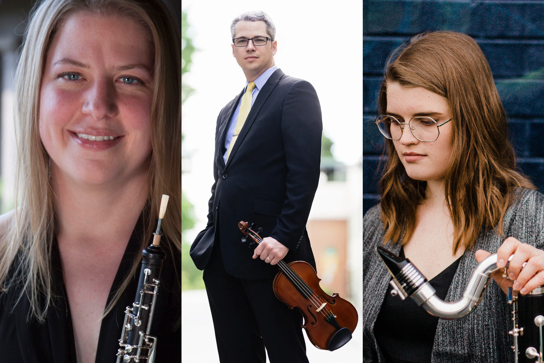 Three musicians pose with their instruments: a woman with an oboe, a man in a suit with a violin, and a woman with glasses holding a bass clarinet.
