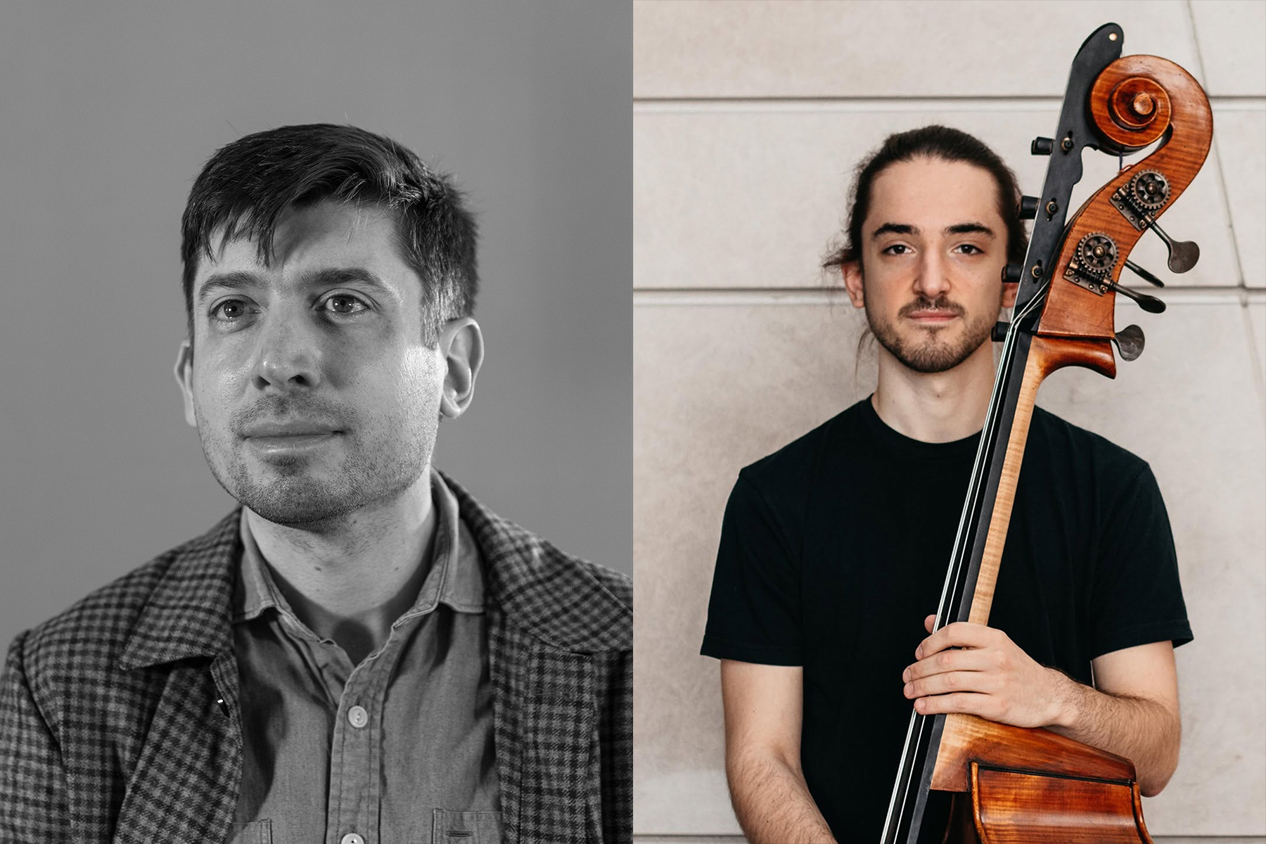 Split image: left side shows a man in a plaid jacket looking slightly upward; right side shows a man in a black shirt holding an upright bass against a light background.