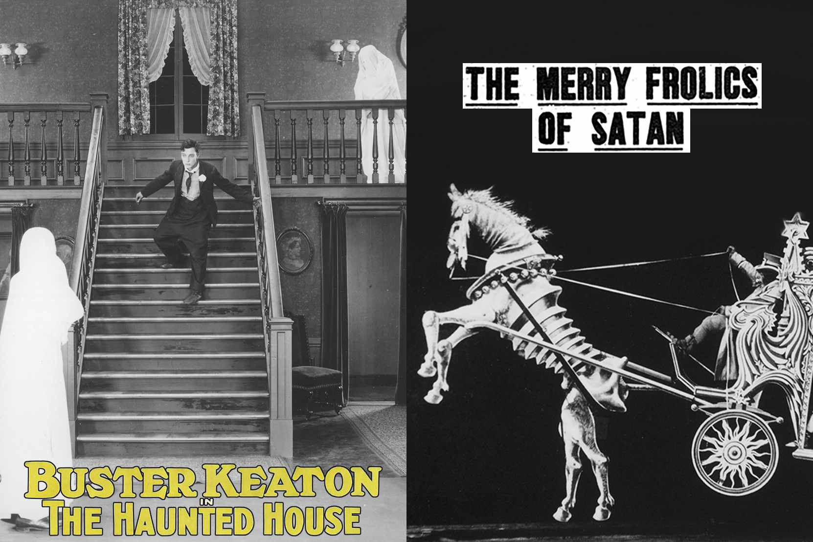 A split screen showing Buster Keaton in The Haunted House on the left, and a frame from The Merry Frolics of Satan featuring a horse-drawn chariot on the right.