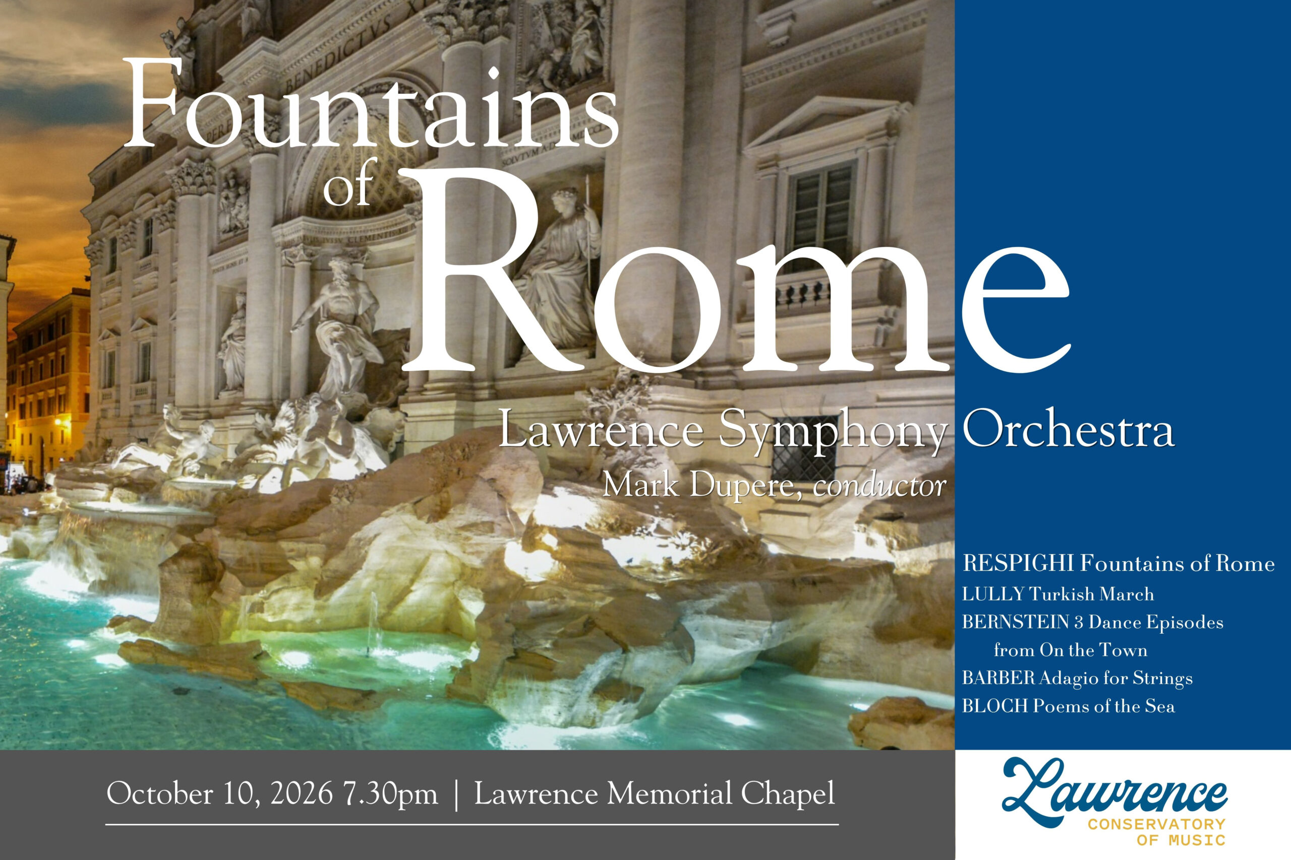 Poster for Fountains of Rome concert by Lawrence Symphony Orchestra, featuring a photo of Trevi Fountain and event details; performance is on October 10, 2026, at Lawrence Memorial Chapel.
