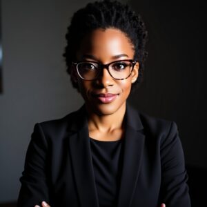 A person wearing glasses and a black blazer, standing against a dark, blurred background.