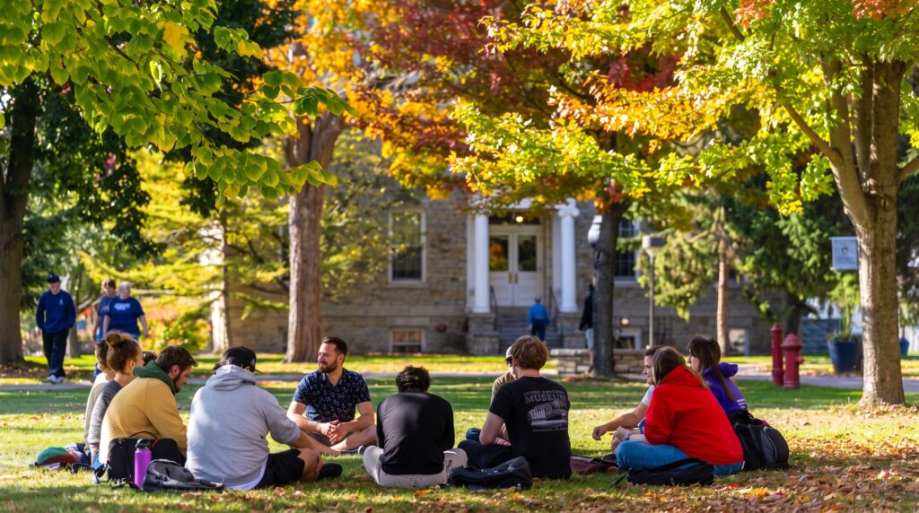 A group of students sits in a circle on a grassy area under trees with autumn leaves, talking outside a campus building.