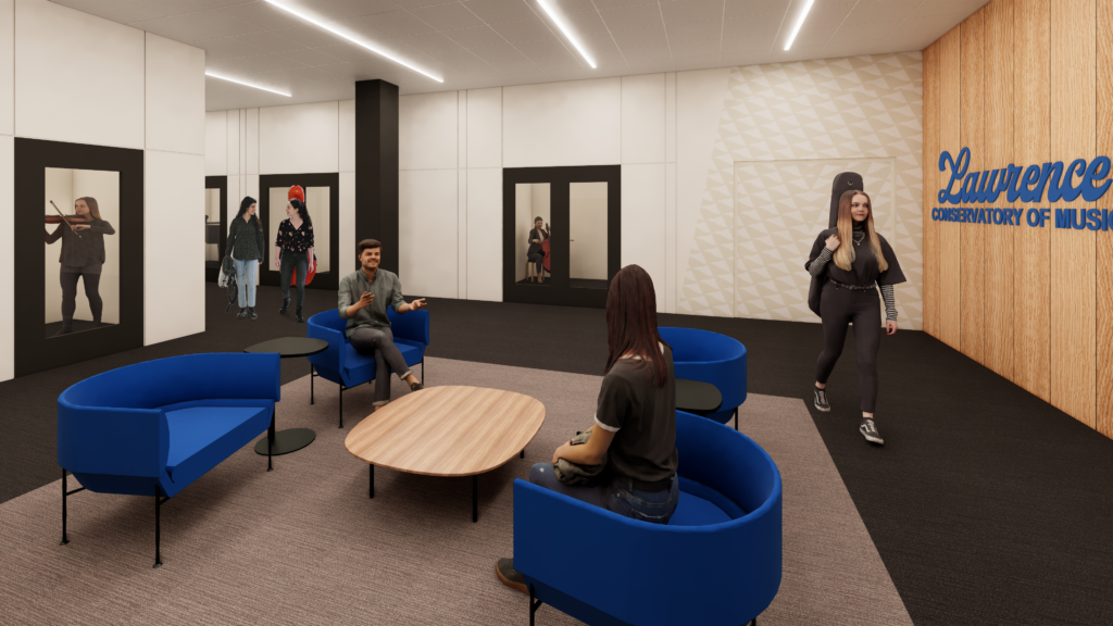 People are sitting and conversing on blue couches in a modern lounge area, while others walk or stand near practice room doors at the Lawrence Conservatory of Music.