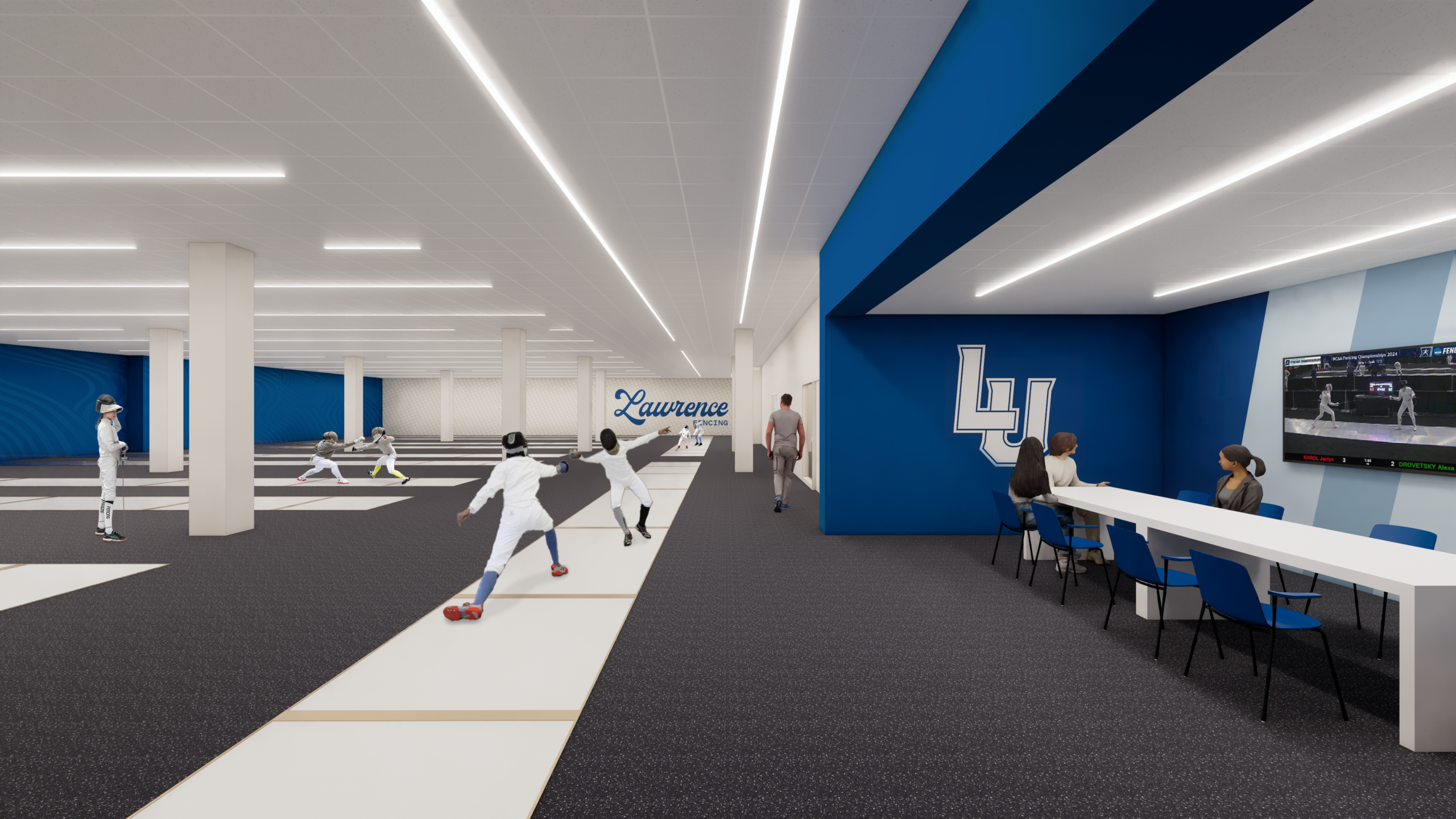 A modern indoor fencing facility with people fencing on the left and others watching a sports game on TV at a seating area on the right. Blue and white decor; LU logo on the wall.