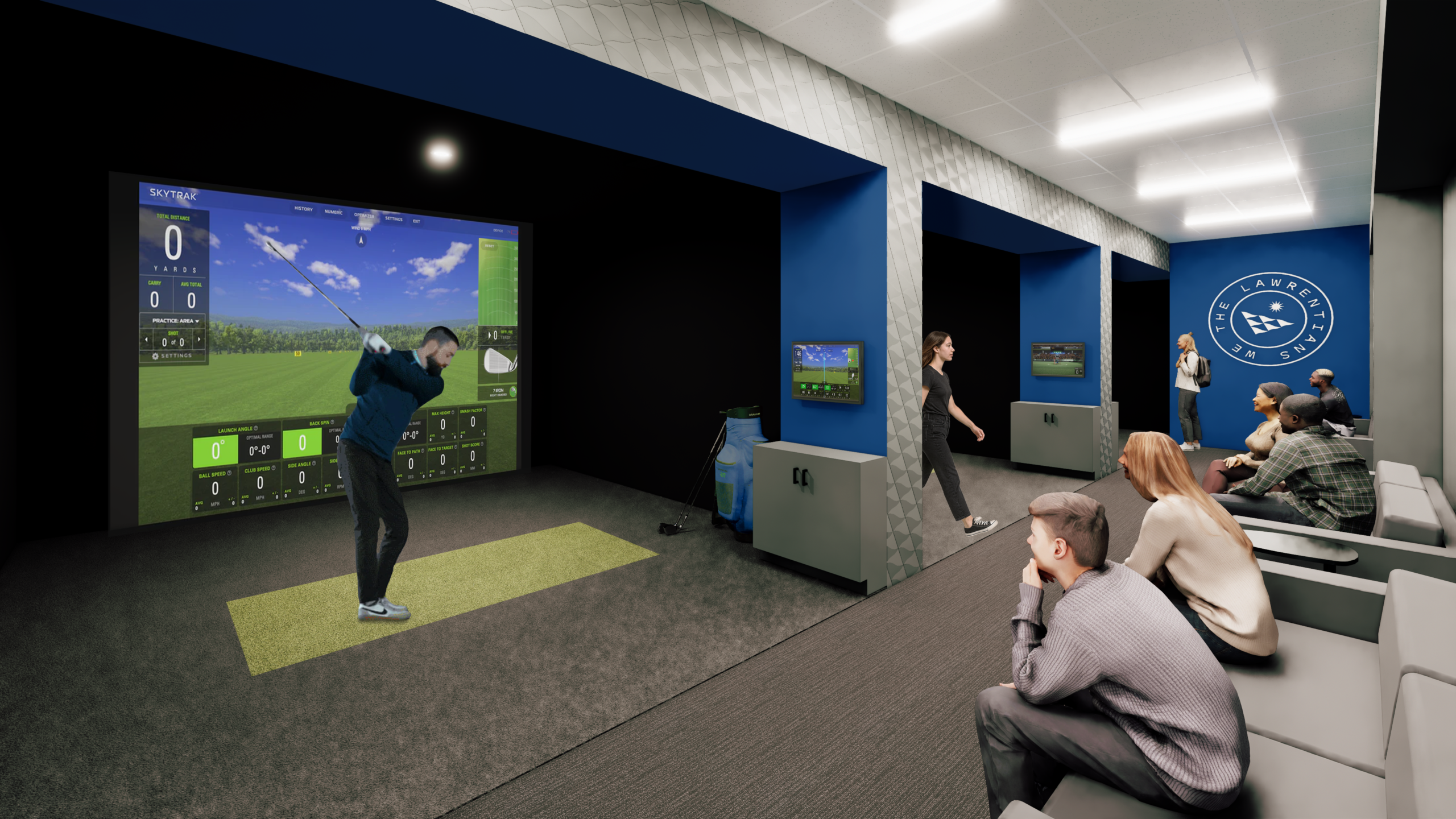 People watch as a person swings a golf club in an indoor golf simulator room with multiple screens and seating.