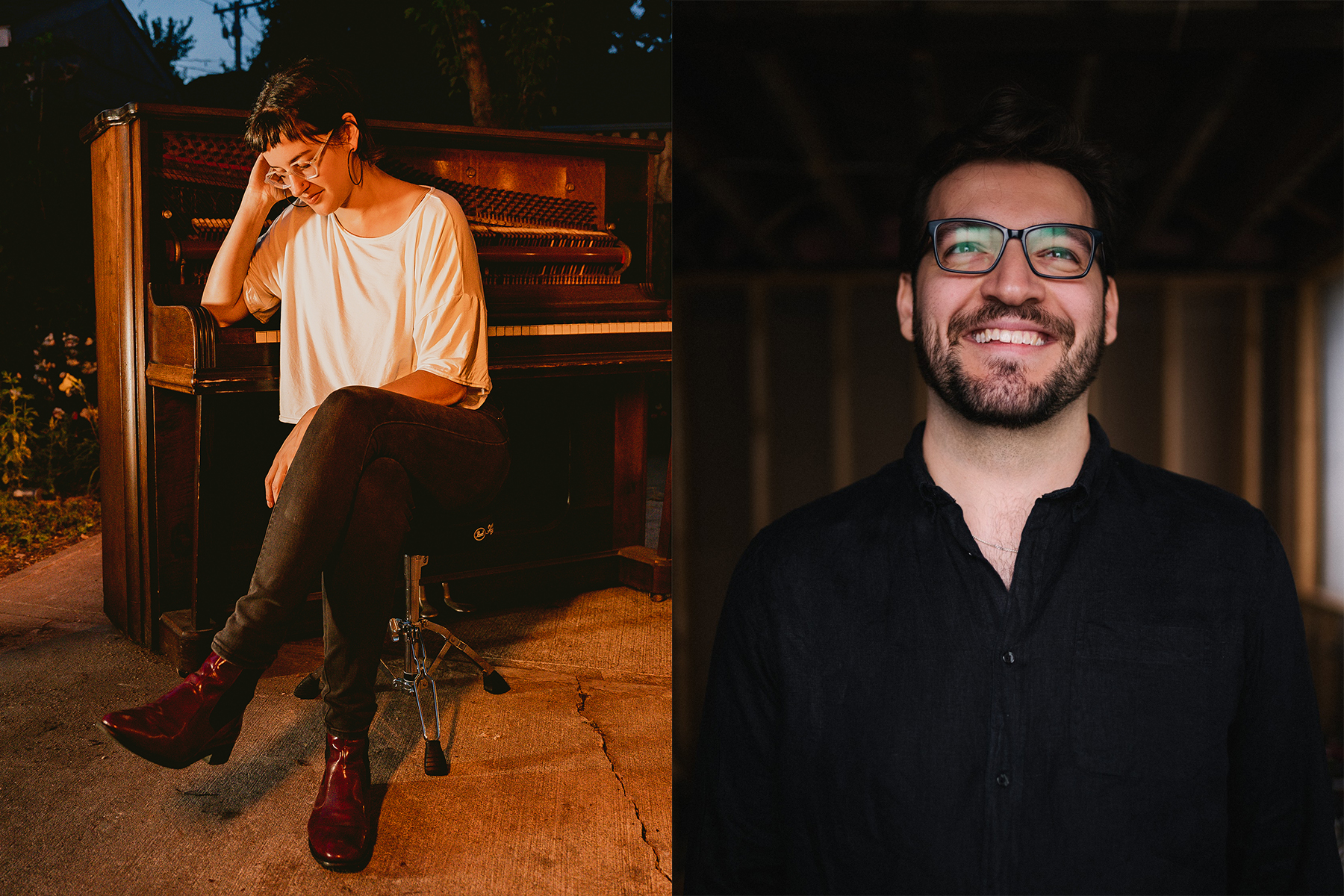 Two people are shown: one sitting on a piano bench outdoors, smiling with head down; the other standing indoors, smiling and wearing glasses and a black shirt.