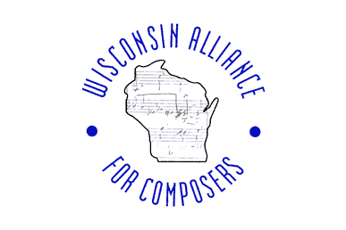 Logo with an outline of Wisconsin featuring sheet music, surrounded by the text Wisconsin Alliance for Composers in blue, with two blue dots on either side of the state.