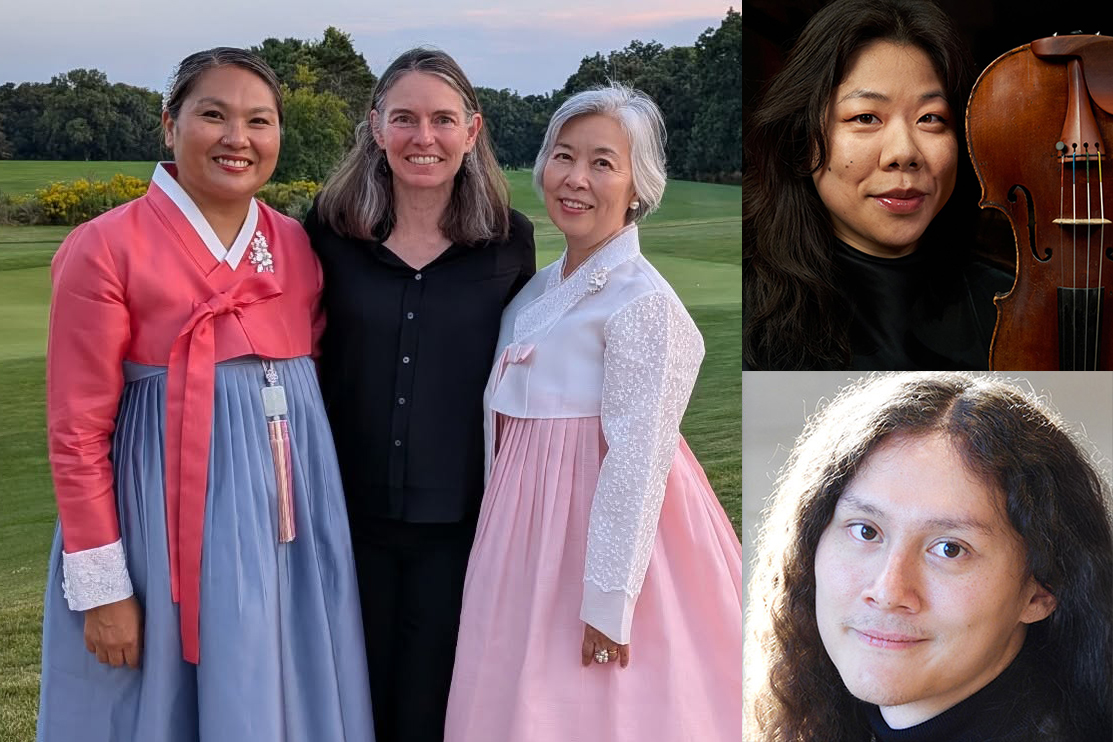 Three women pose outdoors in traditional and modern attire; adjacent are portraits of a woman holding a violin and a man with long curly hair.