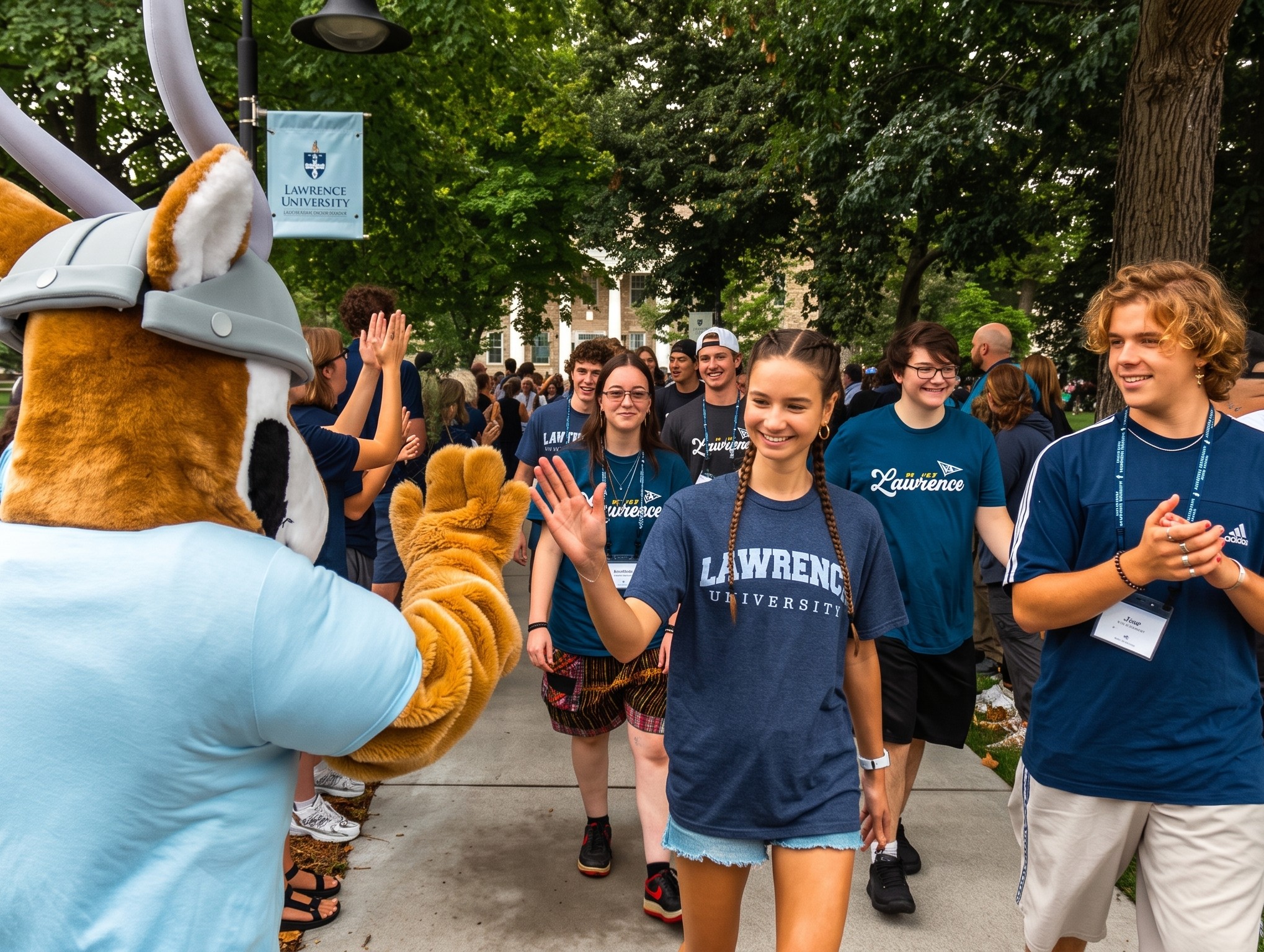 Students wearing Lawrence University shirts high-five a person in a mascot costume outdoors, with a university banner and trees in the background.